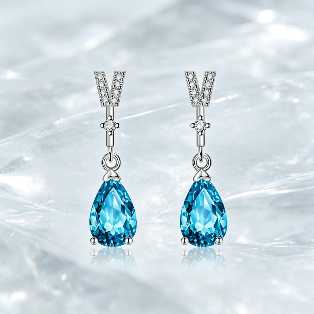 Elegant Female Blue Zircon Charm Silver Color Water Drop Letter V Stud Earrings For Women Vintage Wedding Jewelry
