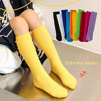 Solid Bright Color Autumn Winter High Elasticity Knee High Long Socks for Baby Girls  Ribbed Striped Stockings Over-The-Calf