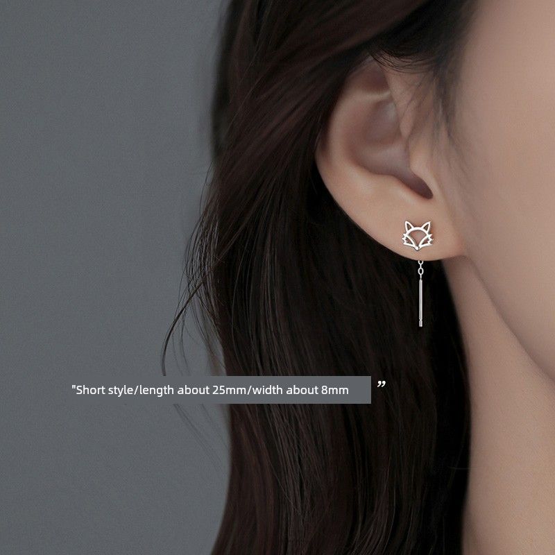 

[Xiangnan] 999 Sterling Silver Fox Hanging Earrings Niche Style 2025 New Arrival Hot-Sale Earrings Female Fancy Eardrops Earrings 999 silver fox ear line short (two price)