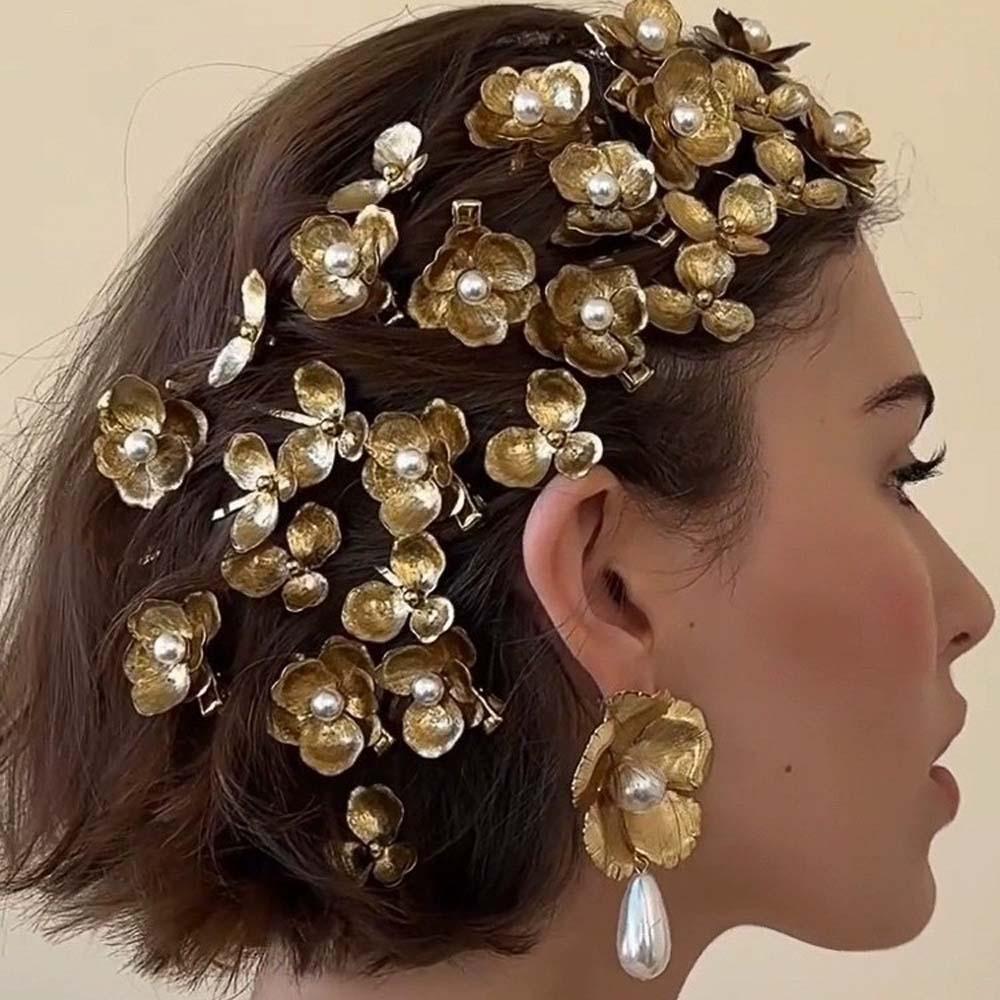 5pcs Elegant Golden Flower Hair Forks Hairstyle Tools Wave Zinc Zinc Alloy Barrettes Pearl Side Clips Wedding