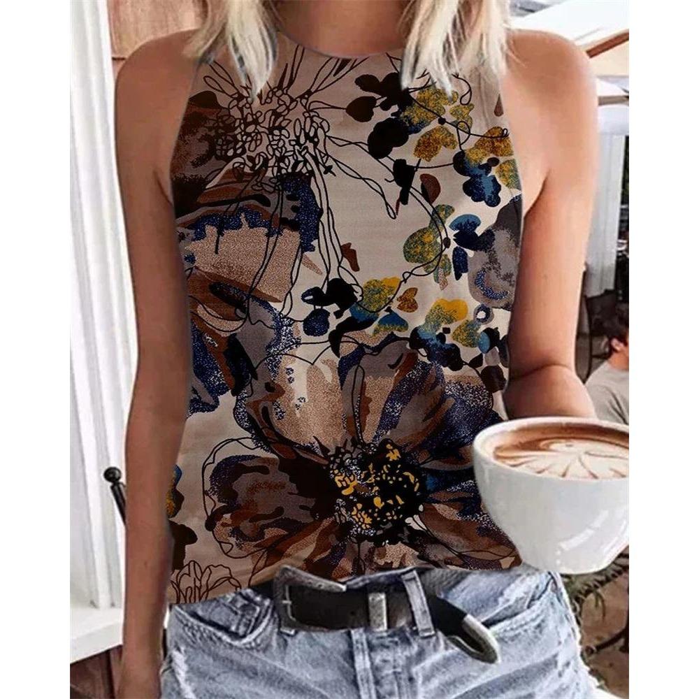 

Летние винтажные топы с цветочным принтом 3D, женская мода, уличная одежда, свободный жилет с круглым вырезом, без рукавов, женская майка 5XL