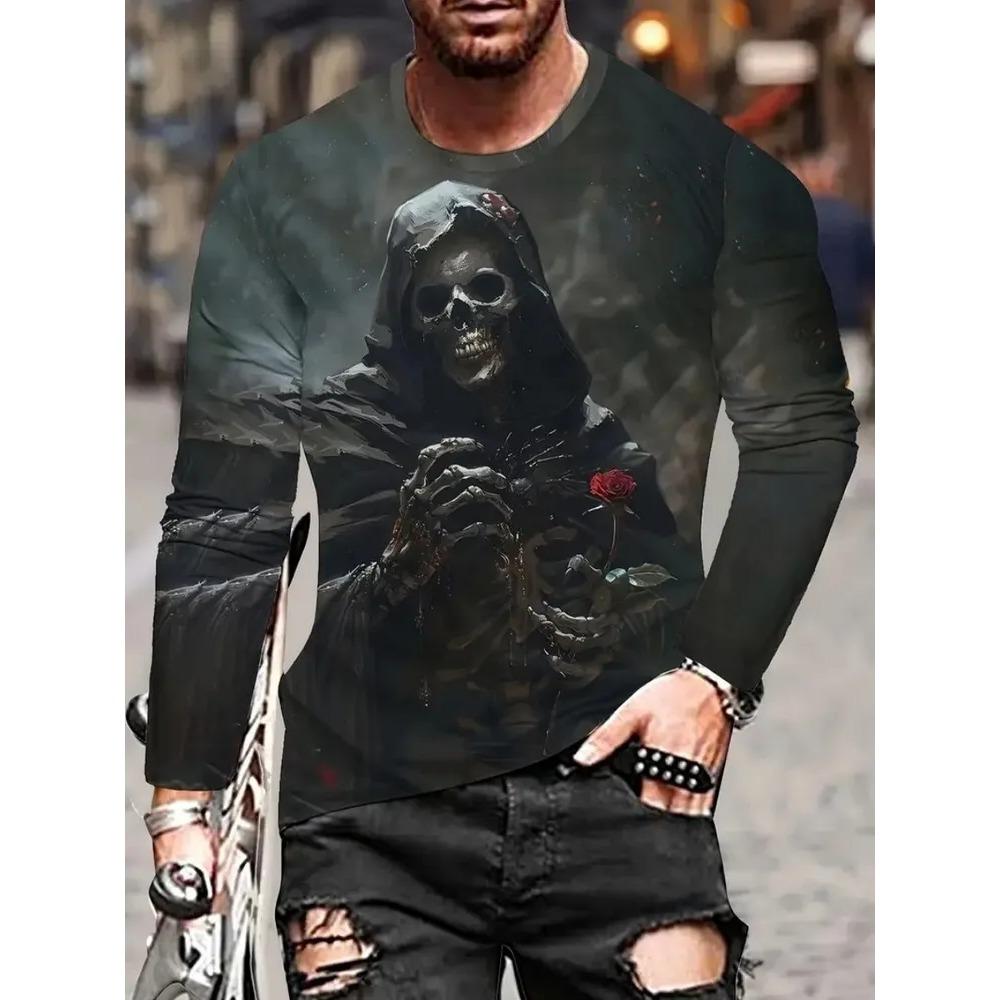 Frühling Sommer Mode Herren Totenkopf 3D Gedrucktes T-Shirt Bequem Weich Atmungsaktiv Locker Groß Lässig Sport Vielseitig Rundhals Langarm T-Shirt