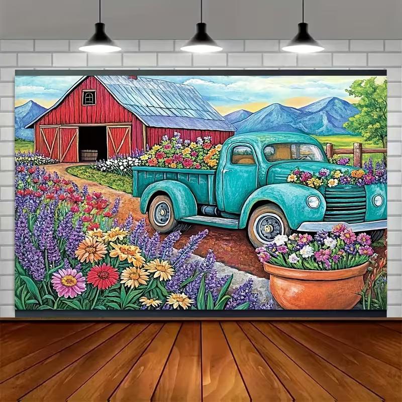 2D Rustic Farm Barn and Teal Truck Backdrop for Spring Party Photoshoot
