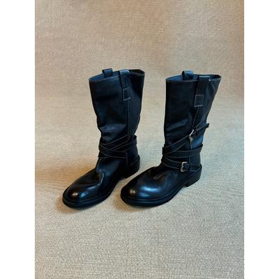 Cowhide Version~ Retro Belt Buckle Mid Boots Western Cowboy Boots Slim Thick-soled Fried Street Boots Female Knight Boots