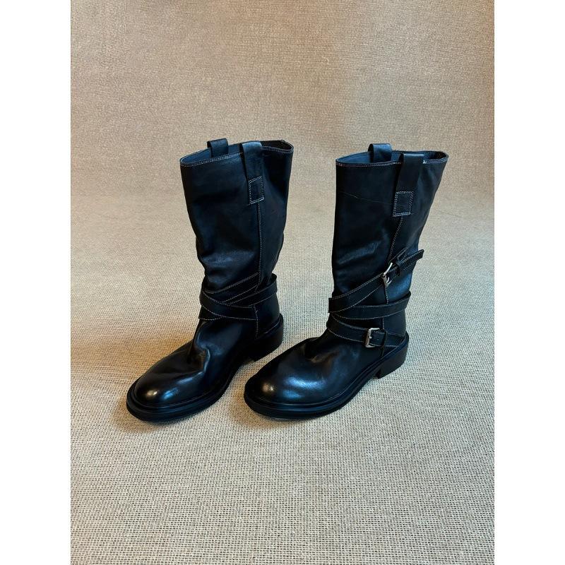 Cowhide version~ retro belt buckle mid boots western cowboy boots slim thick-soled fried street boots female knight boots