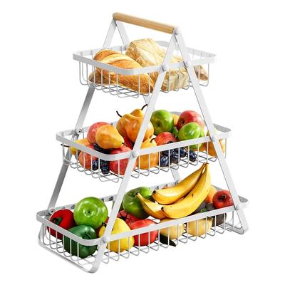 Fruit Baskets 3-Tier Freestanding Fruits Holder Rack Vegetables Snacks Organizer with Wood Handle for Kitchen Counter Bathroom