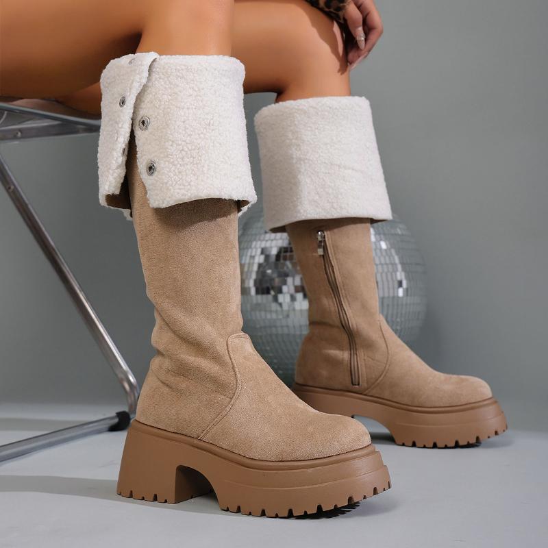 New 2025 Autumn Winter Women's Long Boots Limerade Thick Bottom High Heel Waterproof Canvas Vintage Style Brown Long Tube Boots