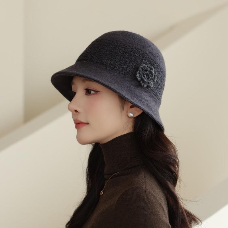 

New autumn and winter elegant flower hat knitted basin hat foldable warm bucket hat M（56-58cm） сірий колір