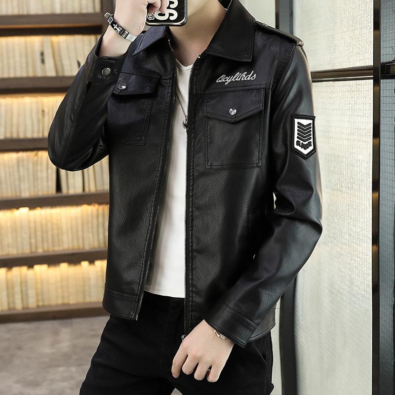 New men's leather jacket, Korean version, slim, trendy, young and handsome, casual winter plus fur collar leather jacket