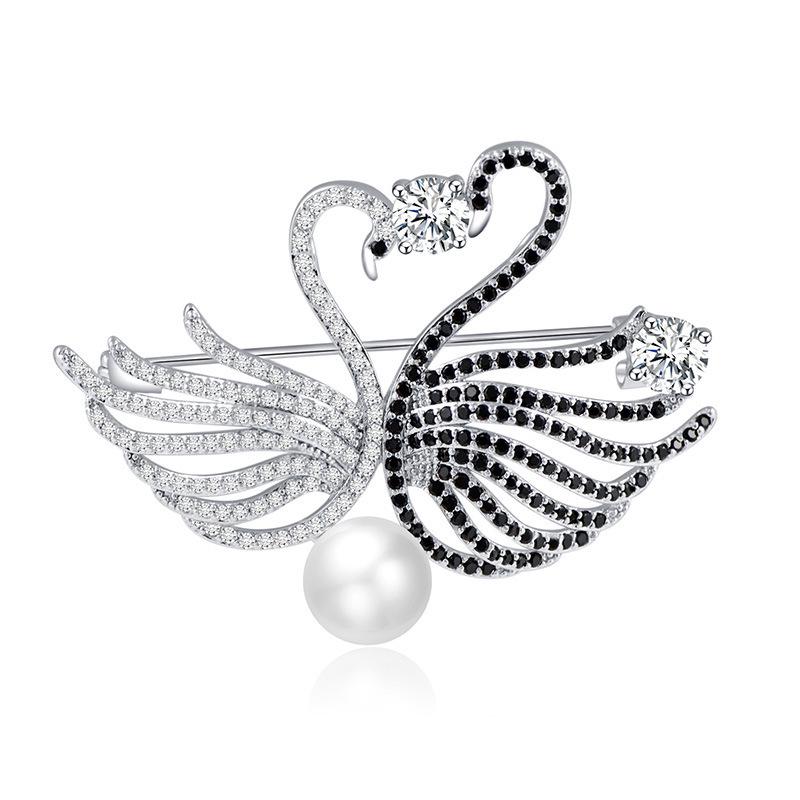 Korean Style High-End Zirconia Swan Brooch with Pearl Pin - Fashionable Animal Corsage Accessory Gift