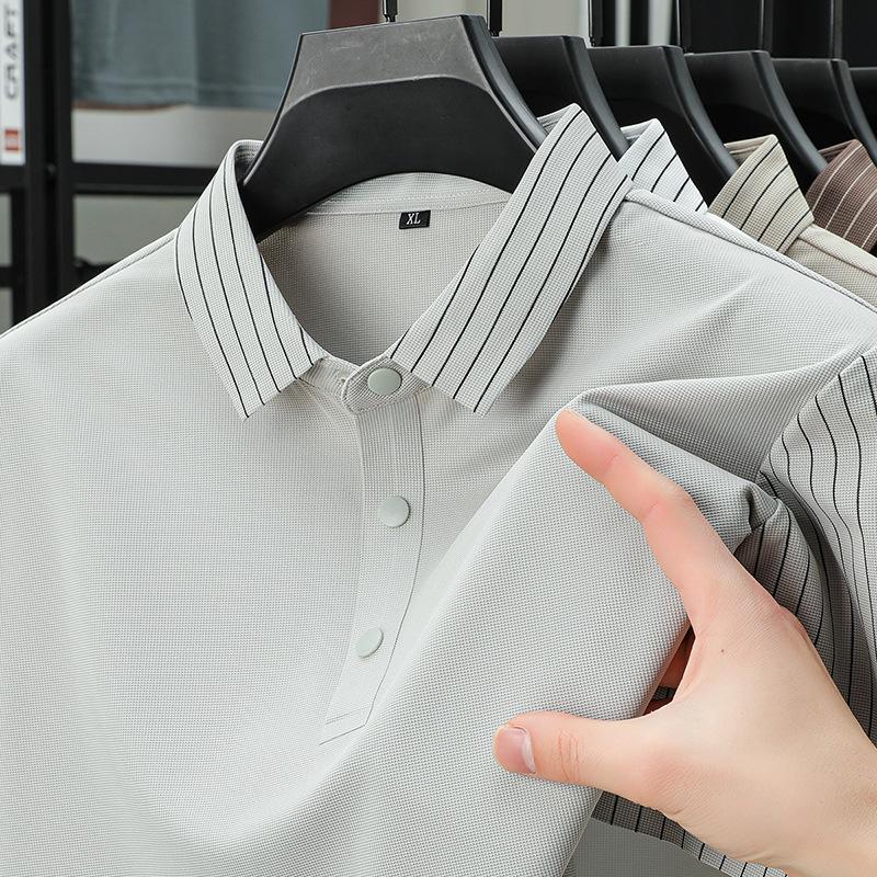 Men's White Polo Shirt with Striped Collar Detail
