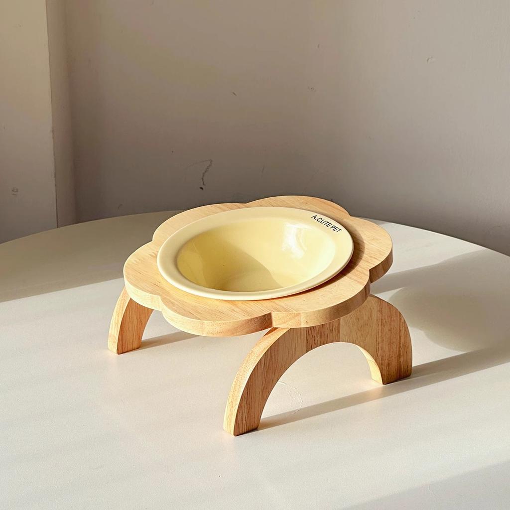 Elevated Cat Bowl with Wooden Stand, Flower Shaped Ceramic Neck Protection Pet Bowl, Raised Cat Food Bowl for Cats Dogs