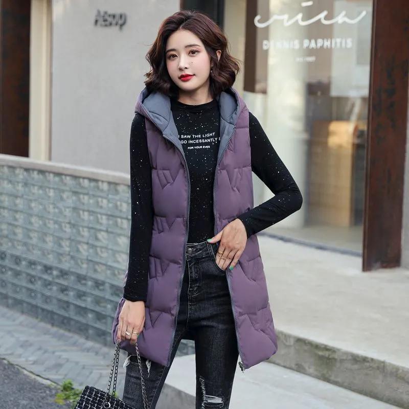 Down Cotton Vest Women's Mid-length Plus Size Thickened Autumn and Winter Fashion Slim Hooded Waistcoat Outer Wear