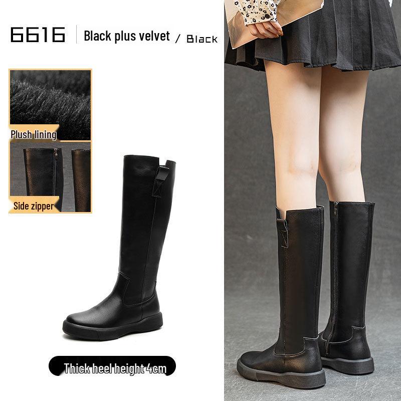 Women's Retro Leather Over-the-Knee Boots with Thick Sole and Velvet Lining - Versatile High-Top for Autumn/Winter
