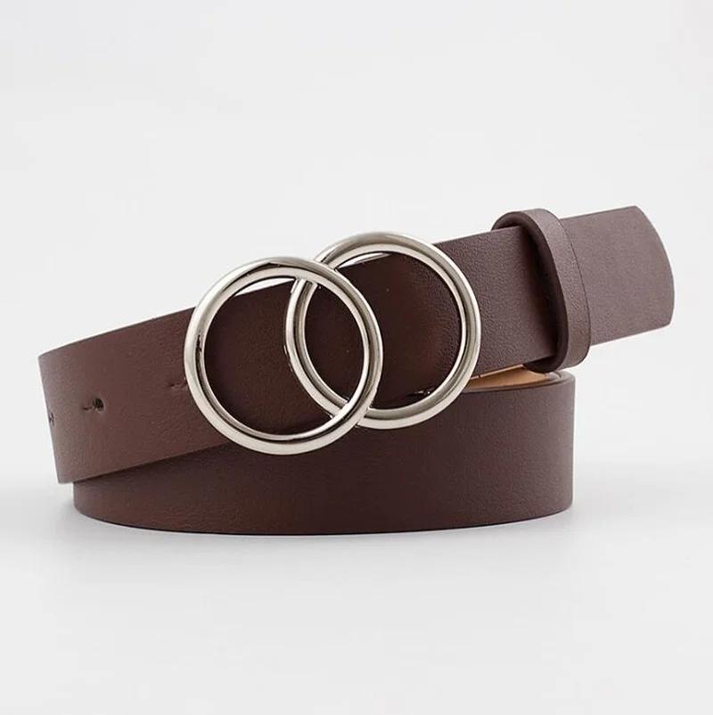 Silver Gold Double Ring Belts for Jeans Women Girls Fashion Waist Belt PU Metal Buckle Belt Leisure Dress Jeans Wild Waistband