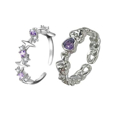 Set of 2 Purple Rhinestone Adjustable Open Rings Engagement Rings Y2K Adjustable Rings Alloy Material Aesthetic Jewelry