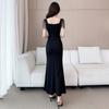 Square collar bead split evening dress dress women close waist and look thin long dress temperament light and familiar style banquet dinner wear