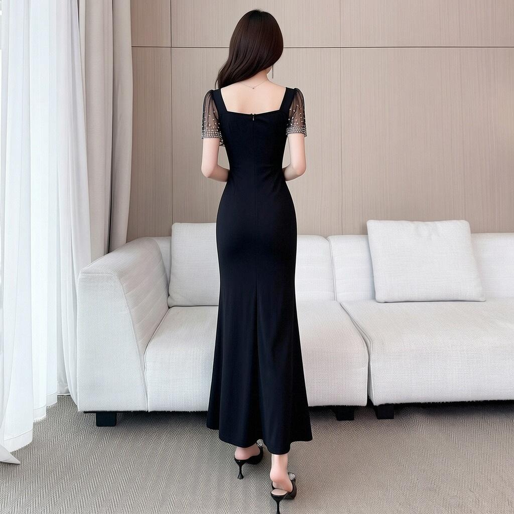Square collar bead split evening dress dress women close waist and look thin long dress temperament light and familiar style banquet dinner wear