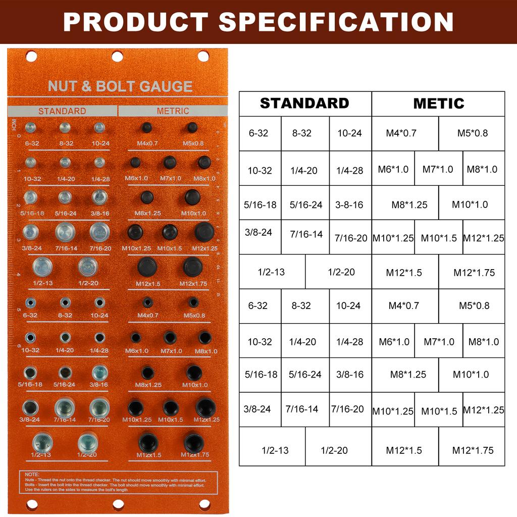 Nut and Bolt Thread Checker Aluminum Alloy 14 Standard Thread Identifier 12 Metric Nuts Bolts Screws Size Gauge Measuring Tool