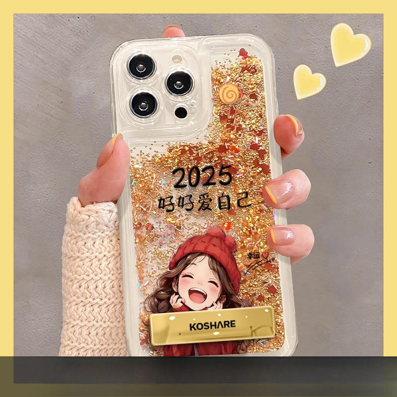 Lucky Girl Bracelet Stand, Suitable for Apple 16, Gold Sand Phone Case 15pro, Transparent Silicone 14 Full Cover 13