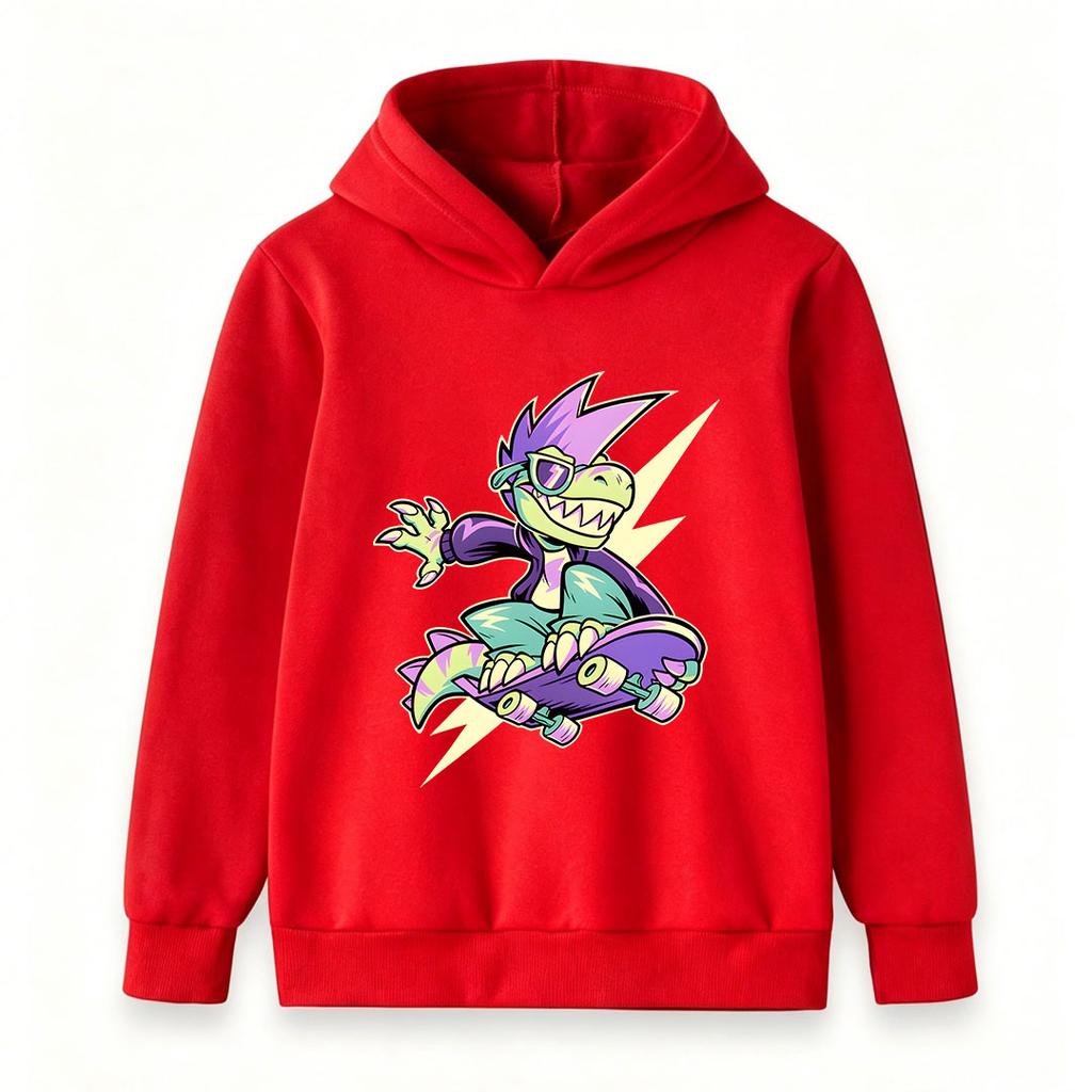 Kids Boys Girls Pullover Hoodie, Cool Cartoon Skateboarding Dinosaur Print Casual Lightweight Hooded Sweatshirt for Youth Daily Wear Street