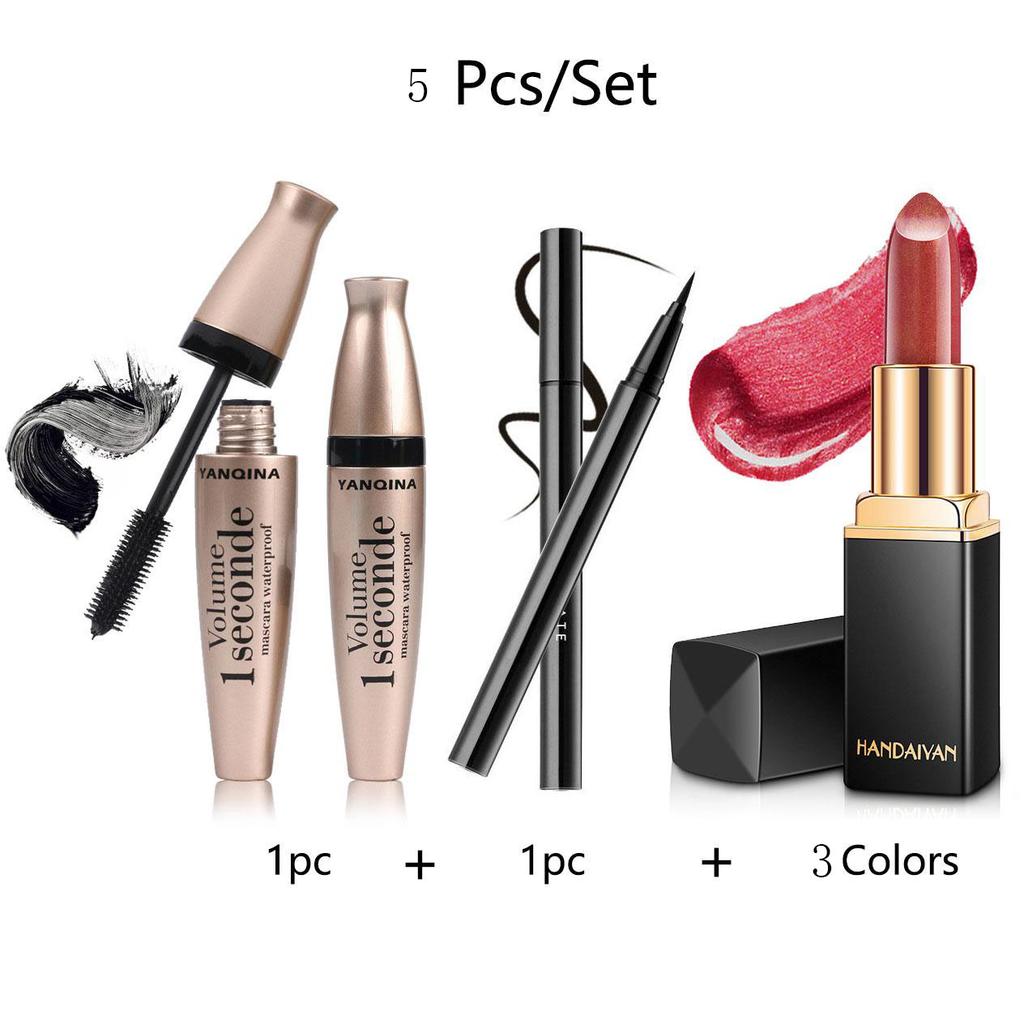 5 Teile/satz 3D Wasserdichte Mascara + Schwarz Eyeliner + 3 Farben Meerjungfrau Ji Perlglanz Warme Lippenstift Lip Gloss Set