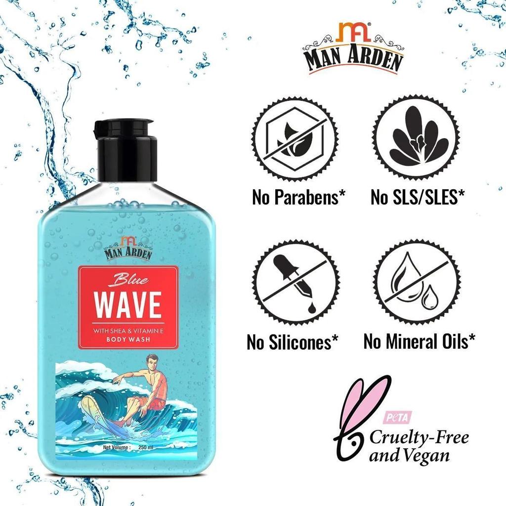 Shower Gel Blue Wave with Shea Butter and Vitamin E (250 Ml), Blue Wave Body Wash with Shea & Vitamin E, Man Arden