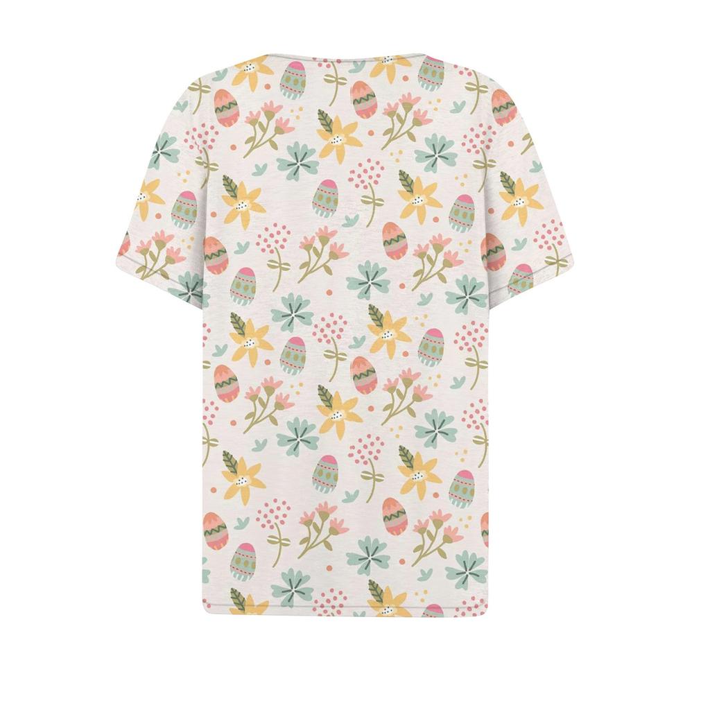 Women's Fashion Casual Easter Printed V-Neck Short Sleeve Decorative Button T-Shirt Top