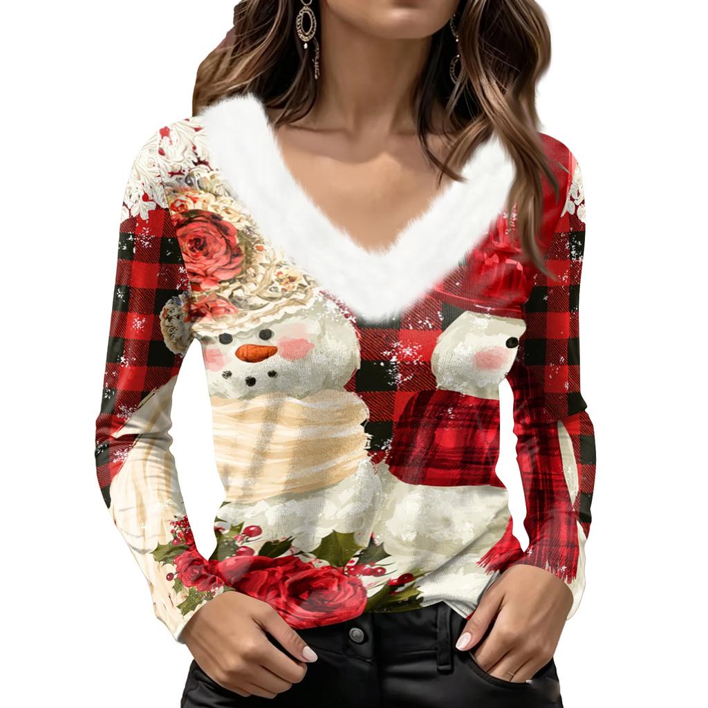 Women's Christmas Long Sleeve Top with Snowflake and Christmas Tree Print, Collar and V-Neck