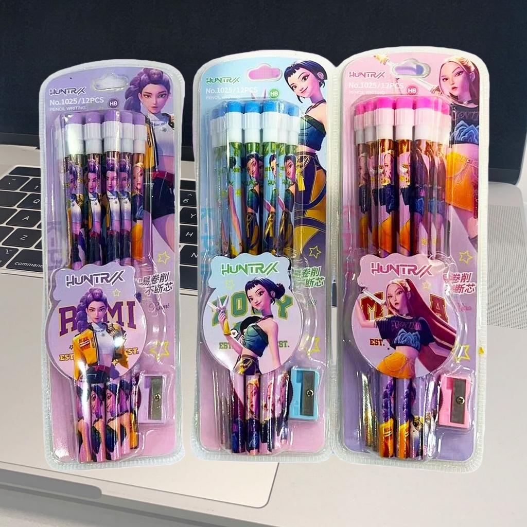 Conjunto de Lápis Kpop Caçadores de Demônios Com Borracha Apontador Lápis de Desenho para Escrita de Estudante Papelaria Estudantil Material Escolar