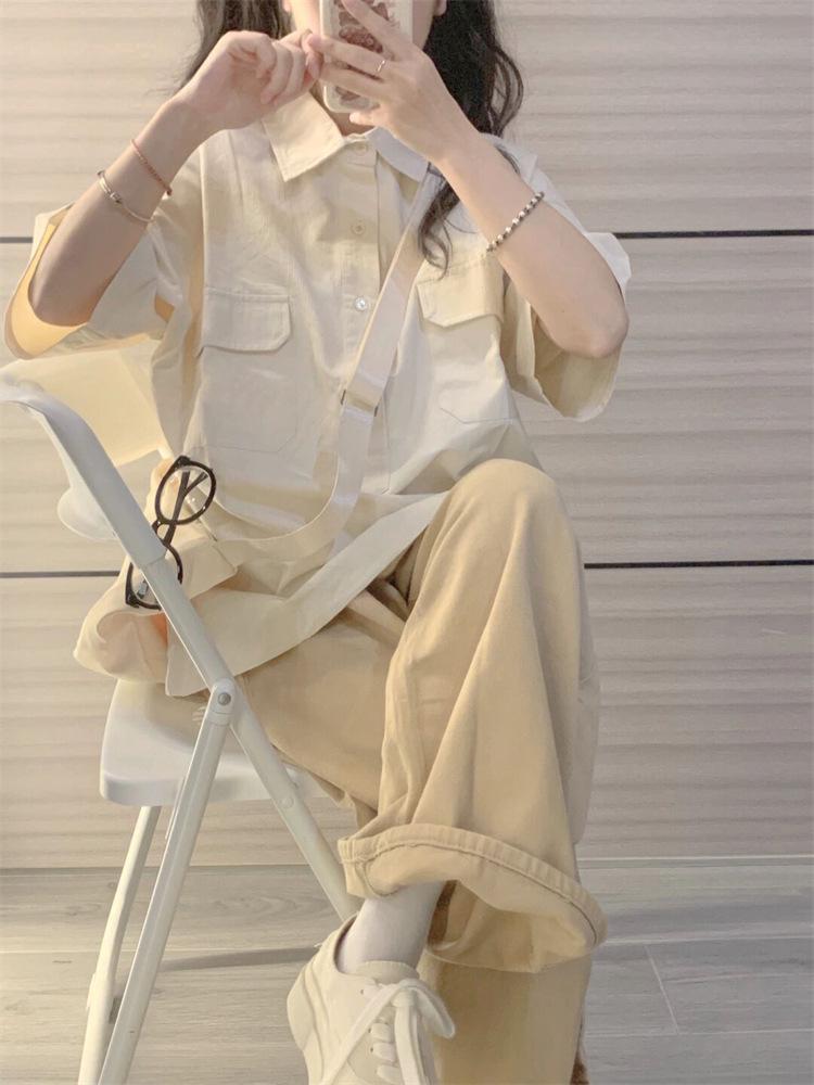 Women s Japanese Academy Style Polo Sportswear Set - Summer Short Sleeve Top & Loose Long Pants Two-Piece M