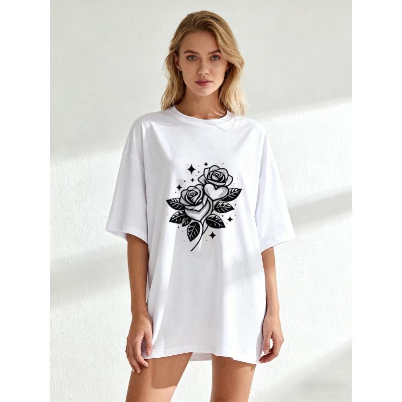 Oversized T Shirt Black Rose And Heart Print Casual Wear For Women Summer Outfit Streetwear Fashion Top