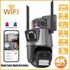 P11 Wireless HD Outdoor Security Camera with Night Vision, Dual Lenses, and Dual Screens.
