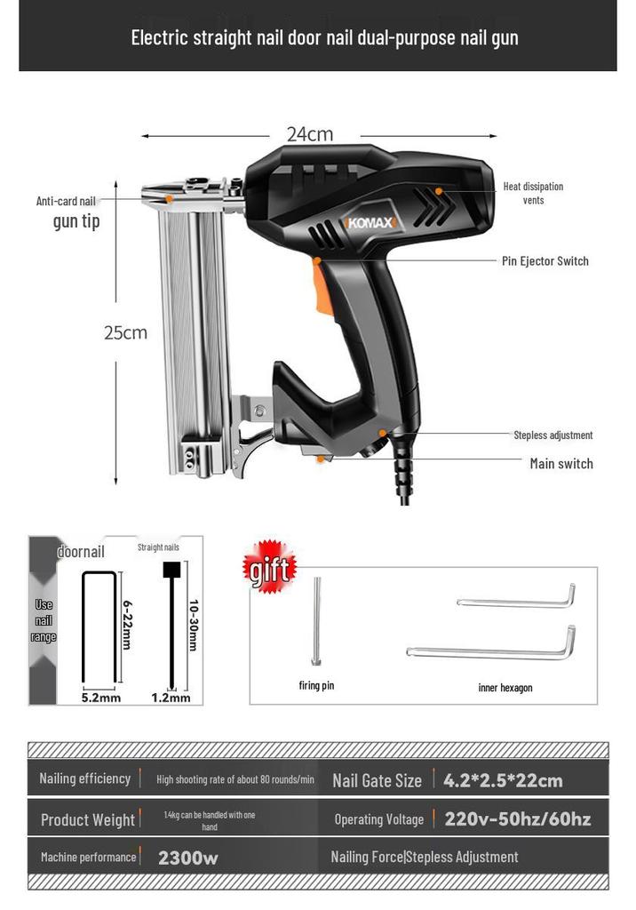 Comax Pneumatic 2-in-1 Electric Nail Gun - Straight & Brad Nailer for Woodworking and Steel Nails.