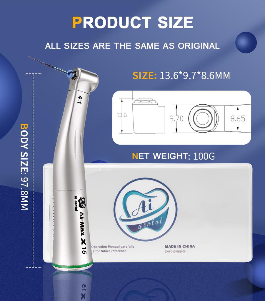 Dentales Handstück mit niedriger Geschwindigkeit AI-X15 Grüner Ring 4:1 Geschwindigkeitsreduzierungs-Einzelwasserspray, nicht optischer Winkel für die Wurzelkanalbehandlung