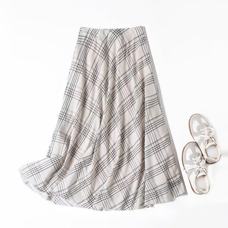 

MD Women clothes New French style Artistic Romantic Gentle Style Draping Effect Plaid Mid-Length Skirt 05238595250 Beige White S