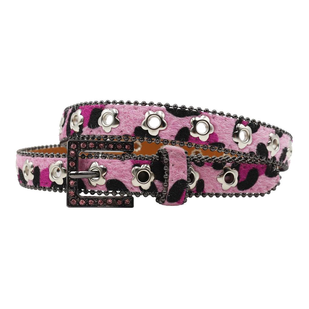 Luxury 2.3cm Leopard Print Leather Belt with Floral Eyelets & Rhinestones, No Punching Needed, Pin Buckle, Fully Diamond-Encrusted.