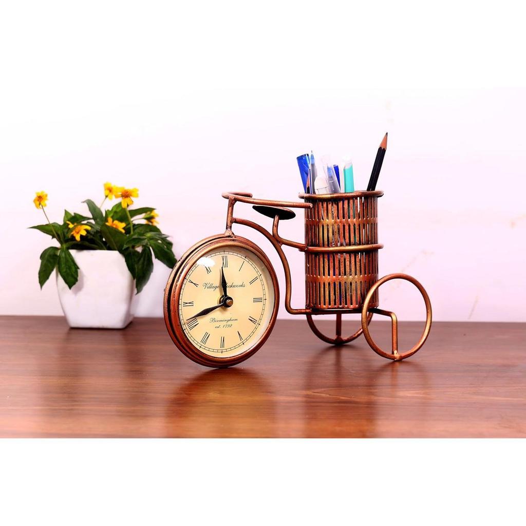 Pen Stand for Office Table Iron Antique Cycle Shaped Vintage Pen Holder with Clock Stylish Pencil Holder for Office and Home Decoration