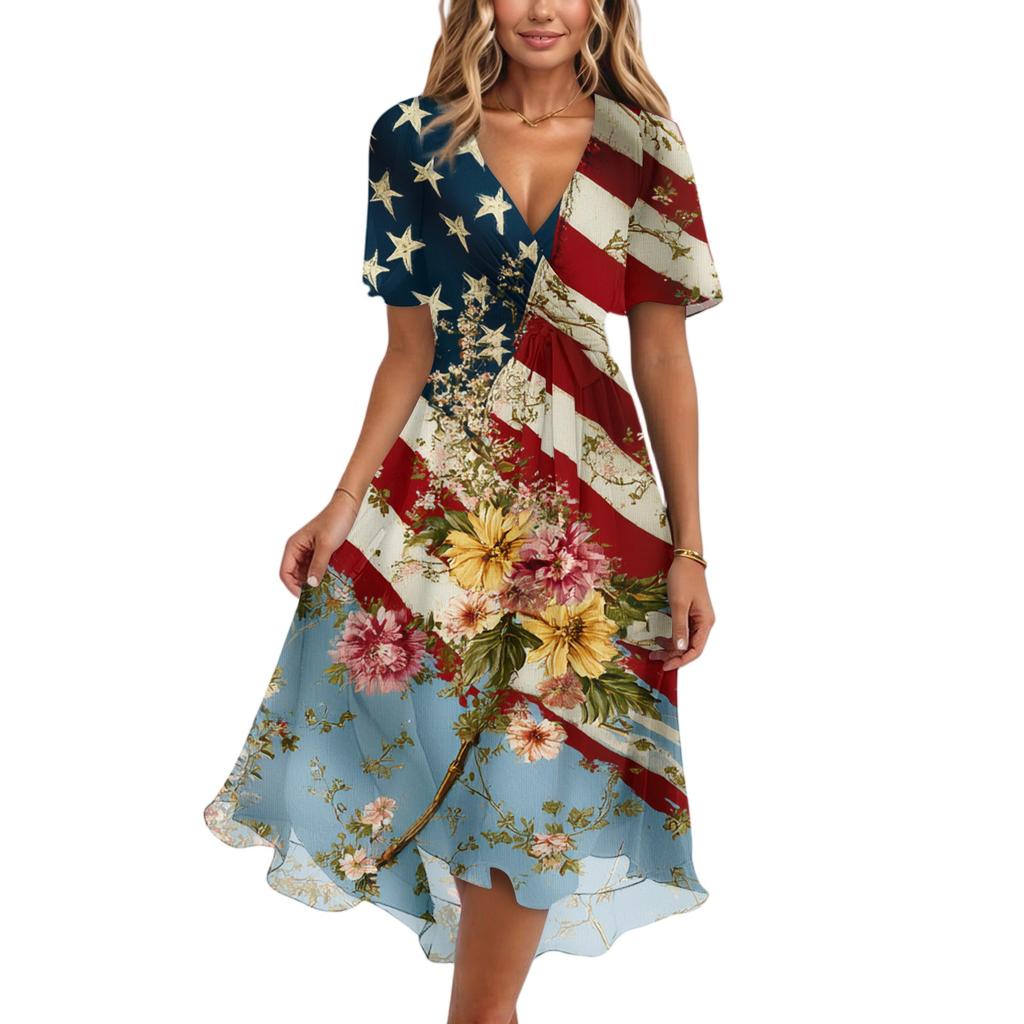 Women's Fashionable Casual V-neck Short-sleeved Independence Day Printed Dress