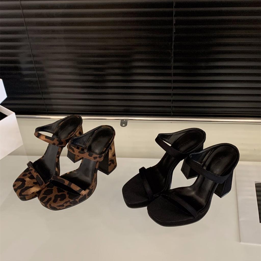 thick heel super high heel leopard print one-word slippers women's shoes wear 2025 new summer temperament black sandals