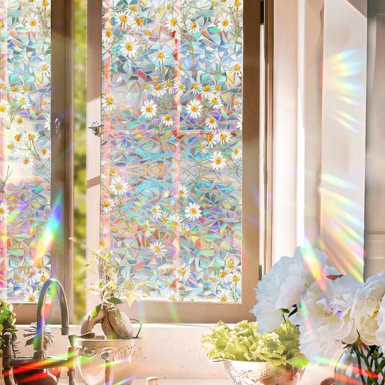 Rainbow Window Privacy Film Waterproof Static Cling Non-Adhesive Flower Pattern Sticker for Home Glass Windows Bedroom Living Room Decor