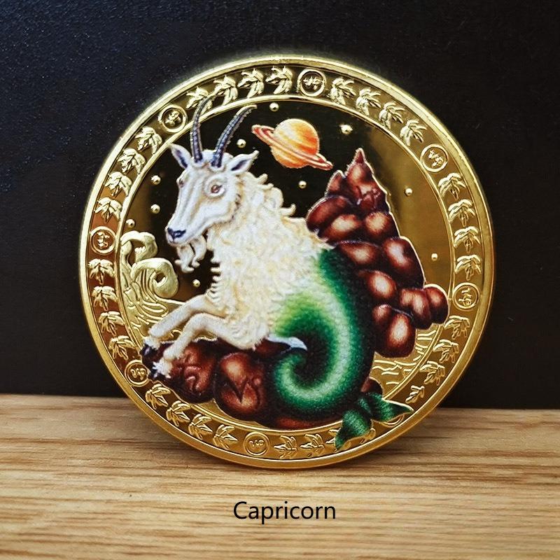

European and American zodiac commemorative coins, gold-plated, 12 constellations, Tarot wishing sun commemorative medal, colored coins