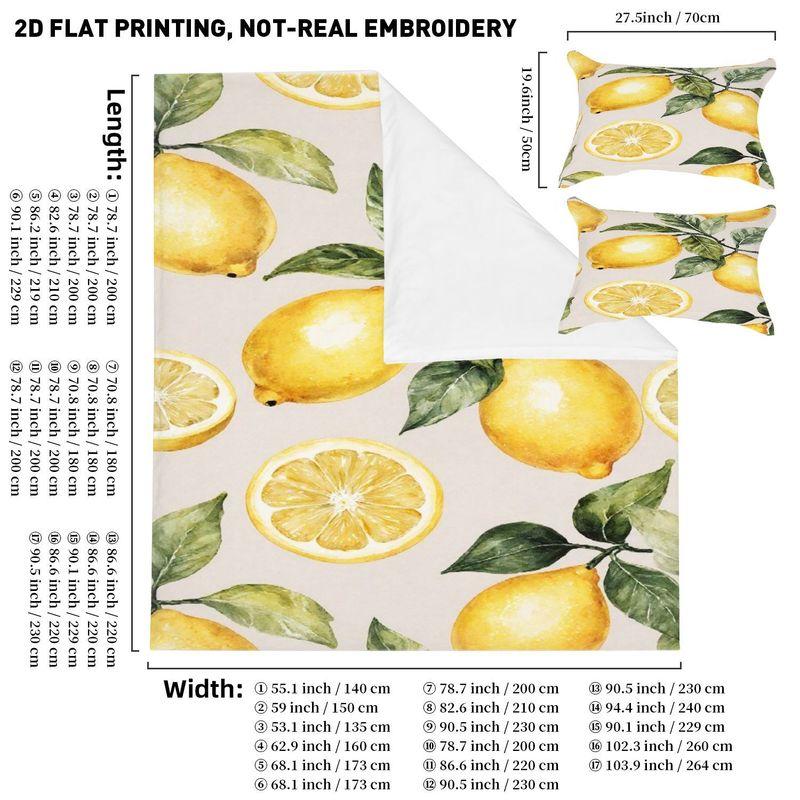 Pillowcase Quilt Cover 3-Piece Bedding Watercolor Style,Lemon Sliced Leaf Pattern,Washable,Durable