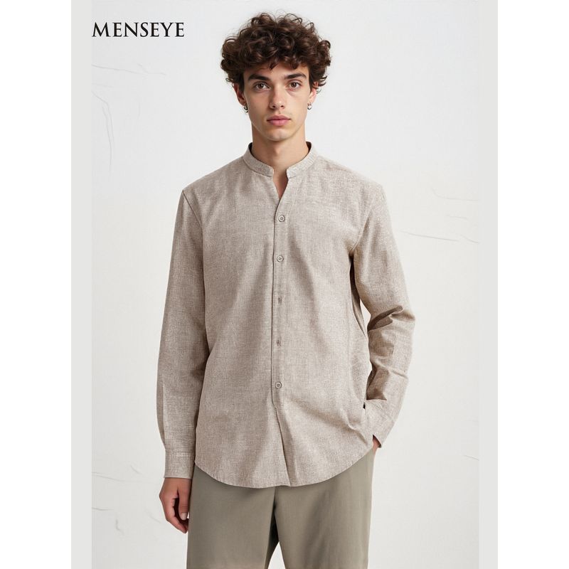 Menseye Men's Long-Sleeved Shirt, Men's Artistic New Chinese Style Loose Fit New Model Stand Collar for Young People