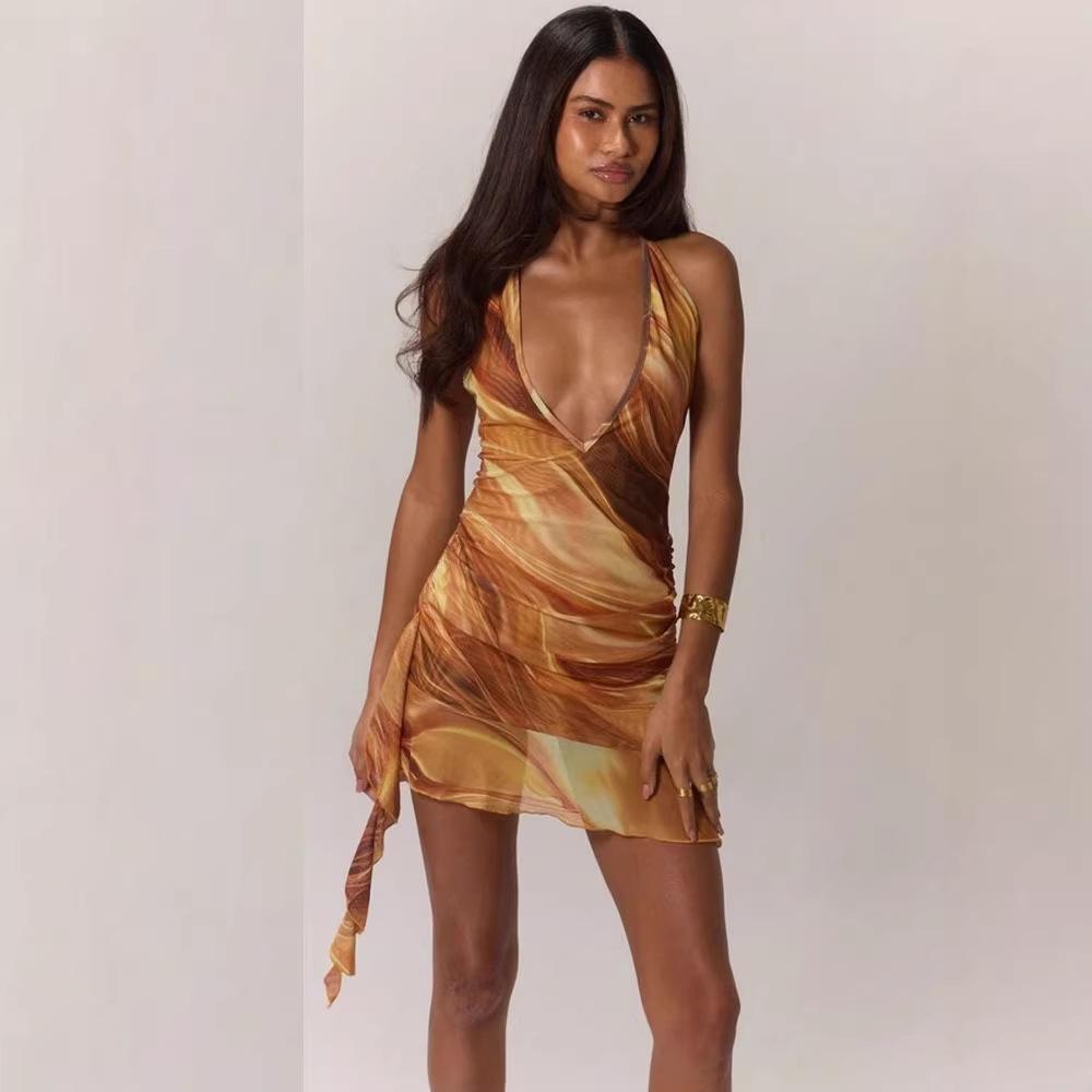 ins women s clothing European and American style sexy V-neck neck slim and thin mesh printing dress fashionable holiday style S