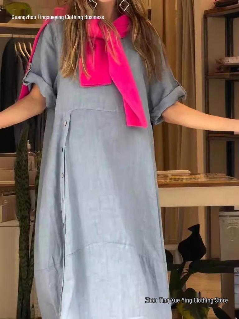 Vestido de Verano de Algodón y Lino para Mujer Europeo y Americano - Holgado, Color Sólido, Manga Corta Estilo Casual