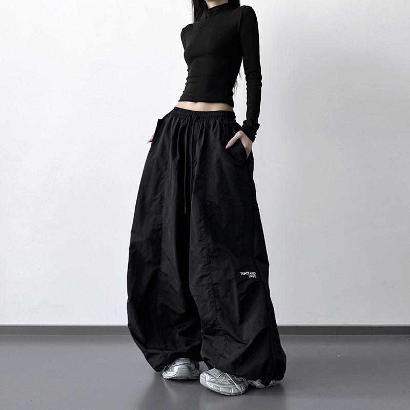 

American Silhouette Elastic Waist Parachute Cargo Pants with Drawstring and Wrinkled Pockets, Casual Winter Plus Velvet. M чёрный