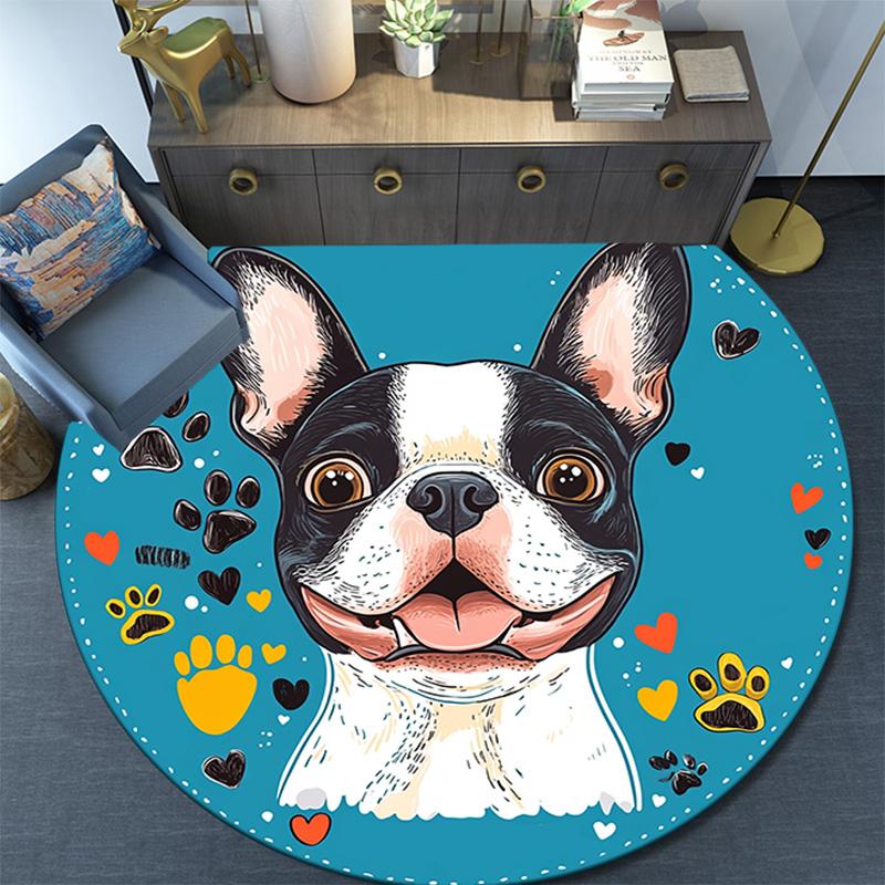 Okrągły dywanik z buldogiem francuskim, Dywanik do salonu, sypialni, przy sofie, pokoju zabaw, Mata podłogowa antypoślizgowa