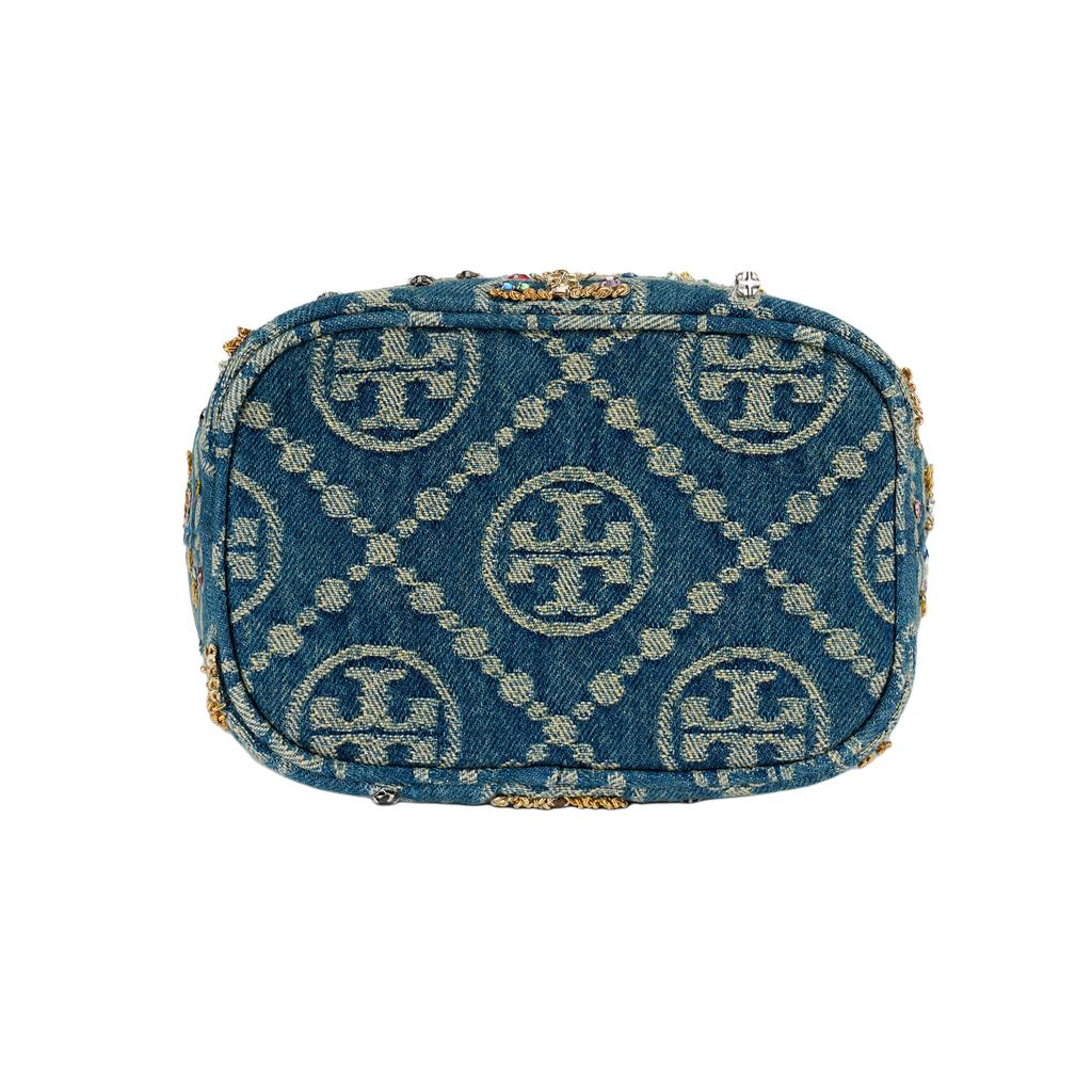 Tory Burch T Monogram Denim Jacquard Beaded Detail Sequin Bucket Bag Fabric Shoulder Tote Mini Women Bags Blue 174266-1025