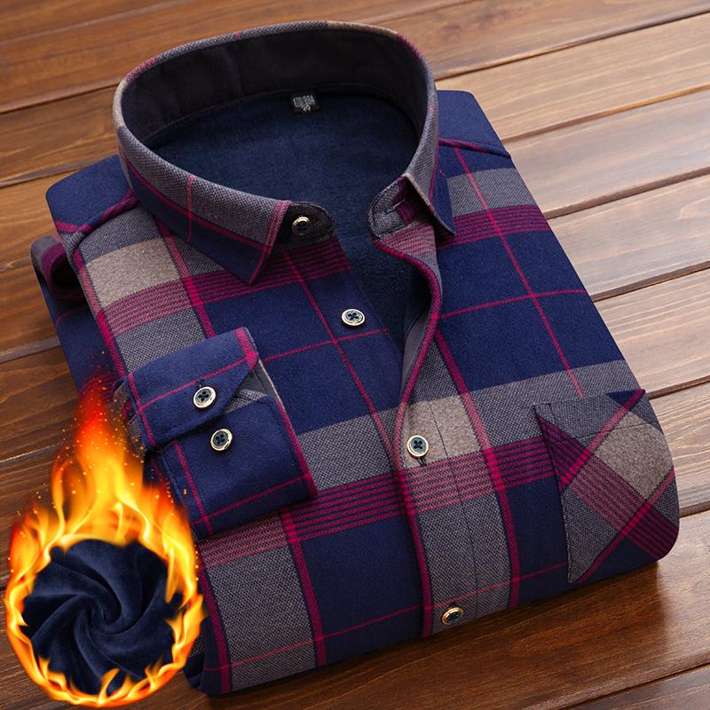 Winter Men Shirt Plaid Flannel Thick Warm Long Sleeve Fleece Autumn Dress Flannel Formal Shirt Fashion Casual Slim Fit Pocket